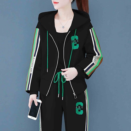 Embroidered Geometric Full Zipper Hooded Sportswear - Black image