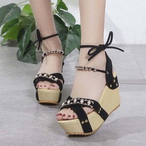 Women Fashion Thick Crust High Wedge Sandals-Black