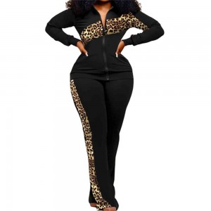 Leopard Printed Zipper Closure Women Two Piece Sportswear - Black
