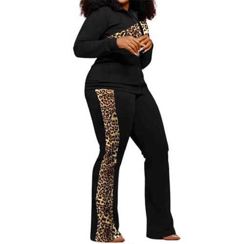 Leopard Printed Zipper Closure Women Two Piece Sportswear - Black image