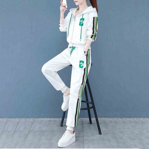 Embroidered Geometric Full Zipper Hooded Sportswear - White image