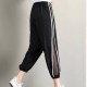 Casual Cropped High Waist Side Striped Beltless Trousers - Black image