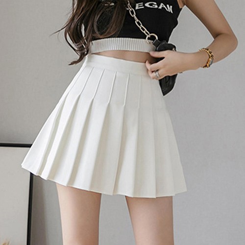 Pleated Style High Waist Elastic Solid Mini Skirts - White image