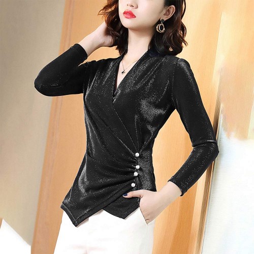Elegant Long Sleeve Velvet V Neck Solid Shiny Ladies Tops - Black image
