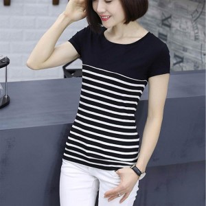 V Neck Short Sleeve Striped Stitching  Women Cotton T Shirt - Black