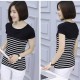 V Neck Short Sleeve Striped Stitching Women Cotton T Shirt - Black image