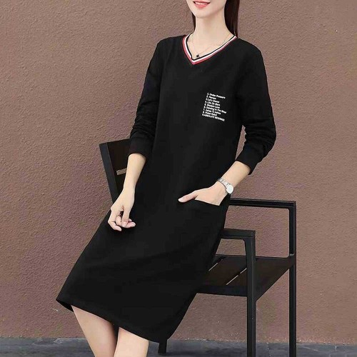 Casual Style V Neck Short Sleeve Slit Pocket Midi Dress - Black image