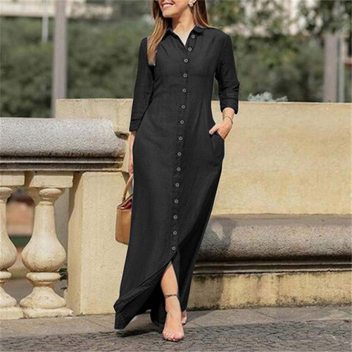 Single Breasted Turn-Down Collar Double Slit Pockets Long Dress - Black image