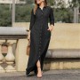 Single Breasted Turn-Down Collar Double Slit Pockets Long Dress - Black