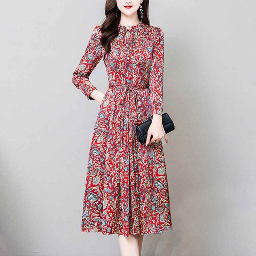 Korean Version Floral Printed Waist Belt Midi Dress - Red image