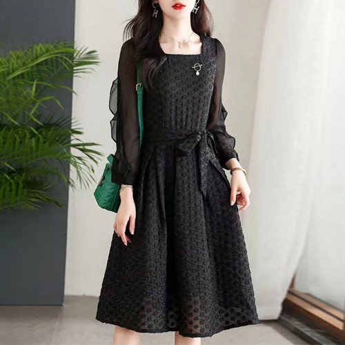 Casual Style Waist Square Neck Ruffled Puff Sleeve Midi Dress - Black image