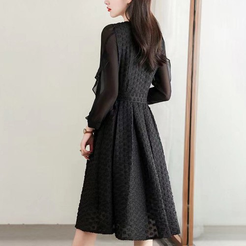 Casual Style Waist Square Neck Ruffled Puff Sleeve Midi Dress - Black image