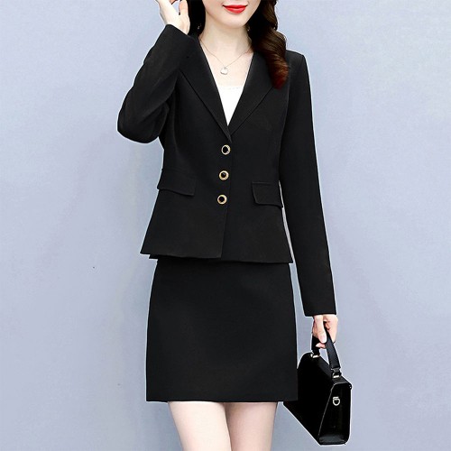 Elegant Two Piece Notech Lapel Collar A Line Skirt And Formal Coat - Black image