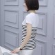 V Neck Short Sleeve Striped Stitching Women Cotton T Shirt - White image