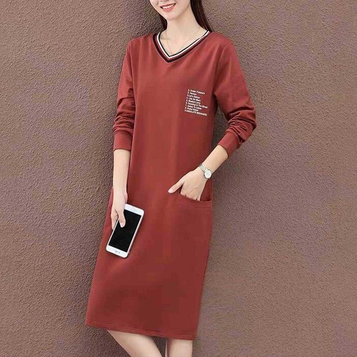 Casual Style V Neck Short Sleeve Slit Pocket Midi Dress - Brown image