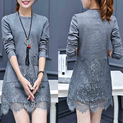 Sweet Style Round Neck Patch Pocket Lace Trim Mini Dress - Grey image