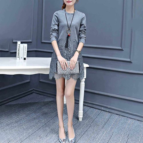 Sweet Style Round Neck Patch Pocket Lace Trim Mini Dress - Grey image