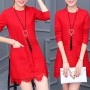 Sweet Style Round Neck Patch Pocket Lace Trim Mini Dress - Red