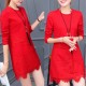 Sweet Style Round Neck Patch Pocket Lace Trim Mini Dress - Red image