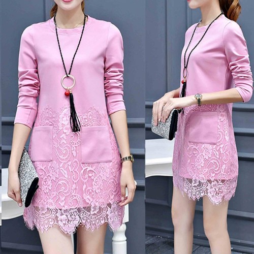 Sweet Style Round Neck Patch Pocket Lace Trim Mini Dress - Pink image
