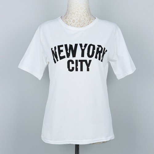 Korean Style Short Sleeve Letters Printed Round Neck Women Tops - White image