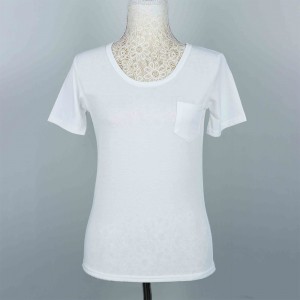 Retro Style Solid Color Patch Pocket Scoop Neck Women Tops - White