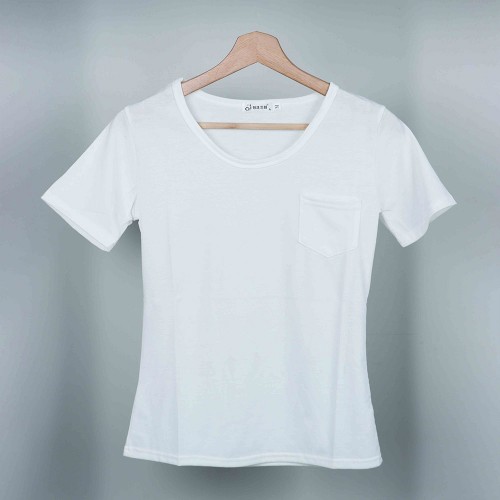 Retro Style Solid Color Patch Pocket Scoop Neck Women Tops - White image