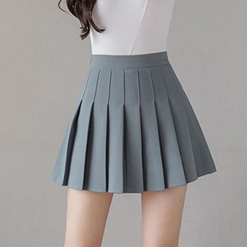 Pleated Style High Waist Elastic Solid Mini Skirts - Grey image
