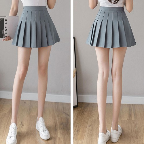 Pleated Style High Waist Elastic Solid Mini Skirts - Grey image