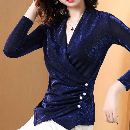 Elegant Long Sleeve Velvet V Neck Solid Shiny Ladies Tops - Blue image