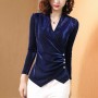 Elegant Long Sleeve Velvet V Neck Solid Shiny Ladies Tops - Blue