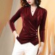Elegant Long Sleeve Velvet V Neck Solid Shiny Ladies Tops - Red image
