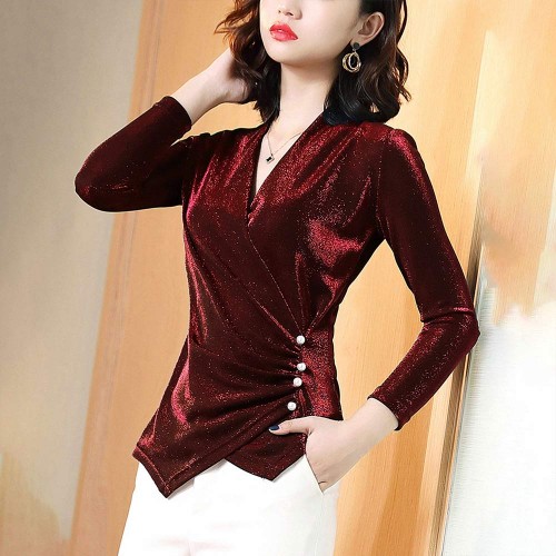 Elegant Long Sleeve Velvet V Neck Solid Shiny Ladies Tops - Red image