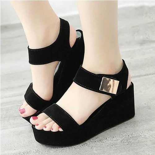 Women Fish Mouth Summer High Heeled Wedge Sandals-Black image