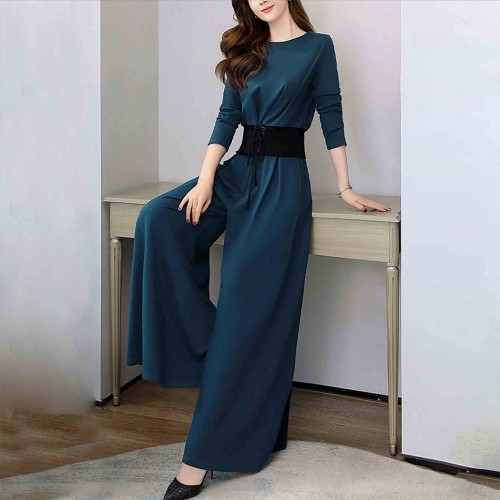 Elegant Solid Suit Crop Top & Long Pants Slash Pockets Dress - Blue image
