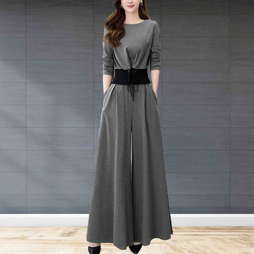 Elegant Solid Suit Crop Top & Long Pants Slash Pockets Dress - Grey image