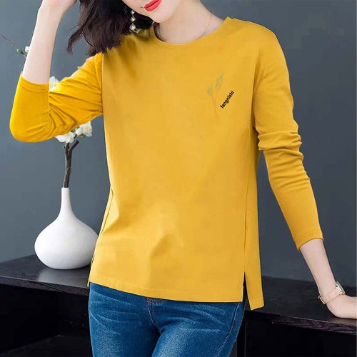 Korean Style Side Split Long Sleeve Graphics & Letters Printed Tops - Yellow image