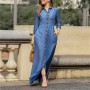 Single Breasted Turn-Down Collar Double Slit Pockets Long Dress - Light Blue