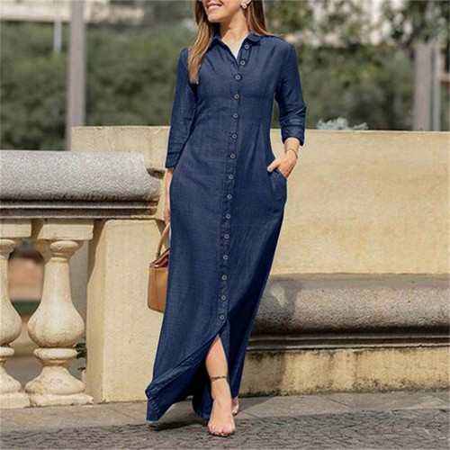 Single Breasted Turn-Down Collar Double Slit Pockets Long Dress - Blue image
