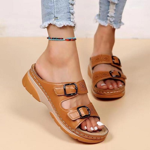 Comfortable Buckle Strips Open Toe Outer Hollow Slippers - Brown image