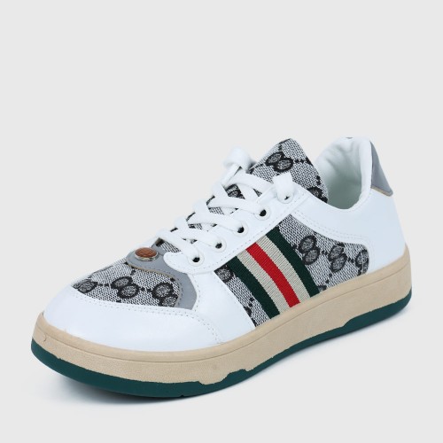 Retro Color Stripes Flat Sole Round Head Lace Up Sneakers - White image