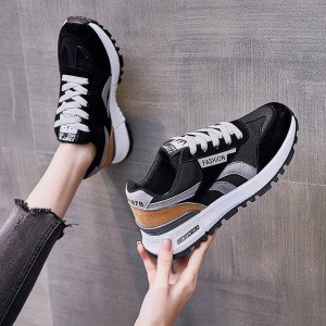 Lace Up Mesh Striped Patchwork Breathable Sports Sneakers - Black