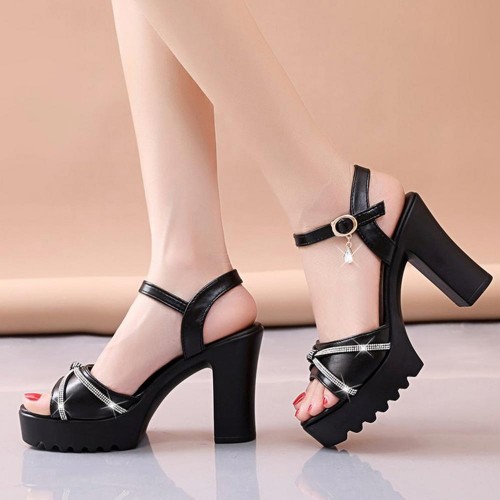 Bohemian Platform Buckle Strap Women High Heel Sandals - Black image