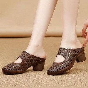 Vintage Style Round Head Hollow Breathable Mid Heels Slippers Brown