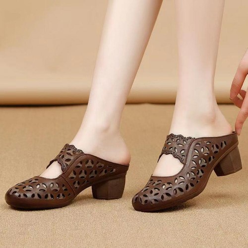 Vintage Style Round Head Hollow Breathable Mid Heels Slippers Brown image