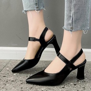 Ankle Strap Pointed Toe Soft Women High Heels Black