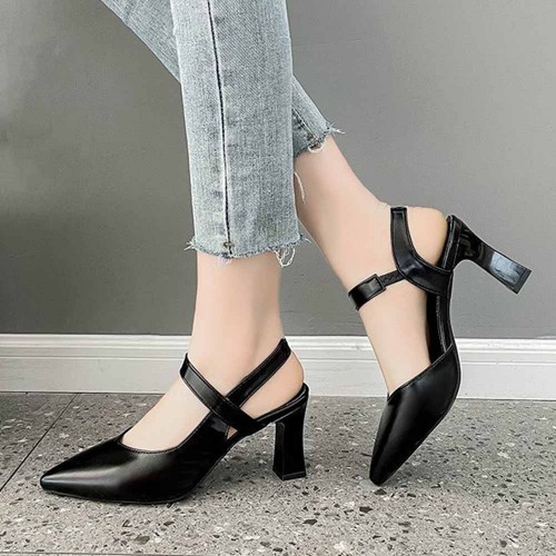 Ankle Strap Pointed Toe Soft Women High Heels Black image