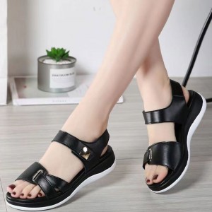 Velcro Closure Open Toe Flat Sandals for Women in Black