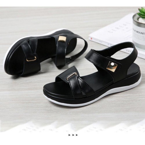 Velcro Closure Open Toe Flat Sandals for Women in Black image