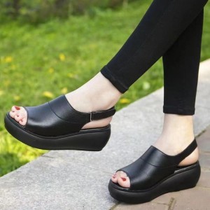 Peep Toe  Ankle Strap Waterproof Wedge Sandals - Black